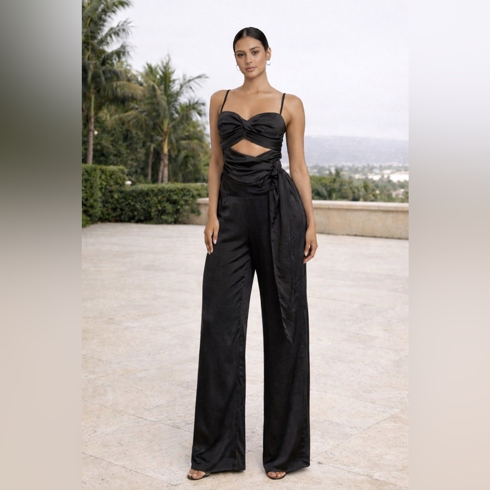 Meshki Elina Twist Satin Jumpsuit Black Cut Out Wide Leg Women’s Medium new